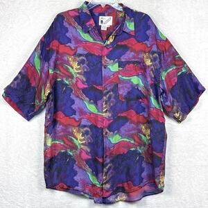VTG Goouch Silk Shirt Men’s XL Pink Purple Eclectic Abstract AOP Relaxed 90s